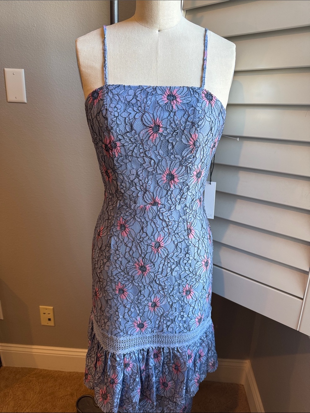 NSR Blue Lace Floral Spaghetti Strap Dress with Pink Accents